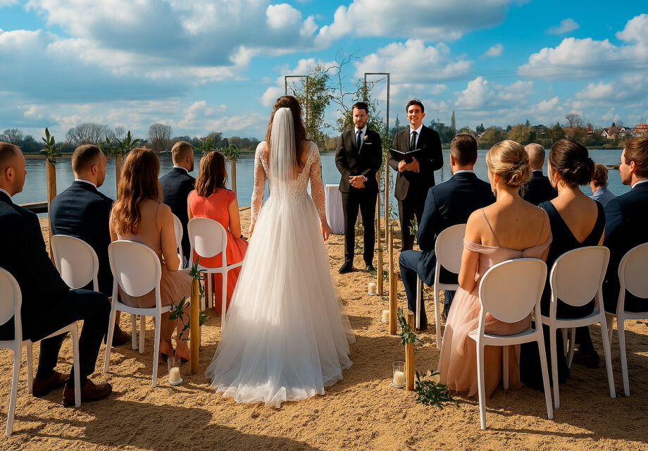 Ceremonia ślubna na plaży w Ośrodku Delfin, Ślesin, nad jeziorem.